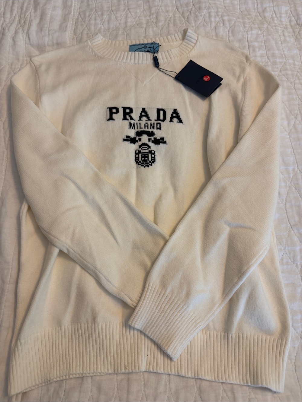 Knock Knock Cream Crewneck Sweater with Black Logo